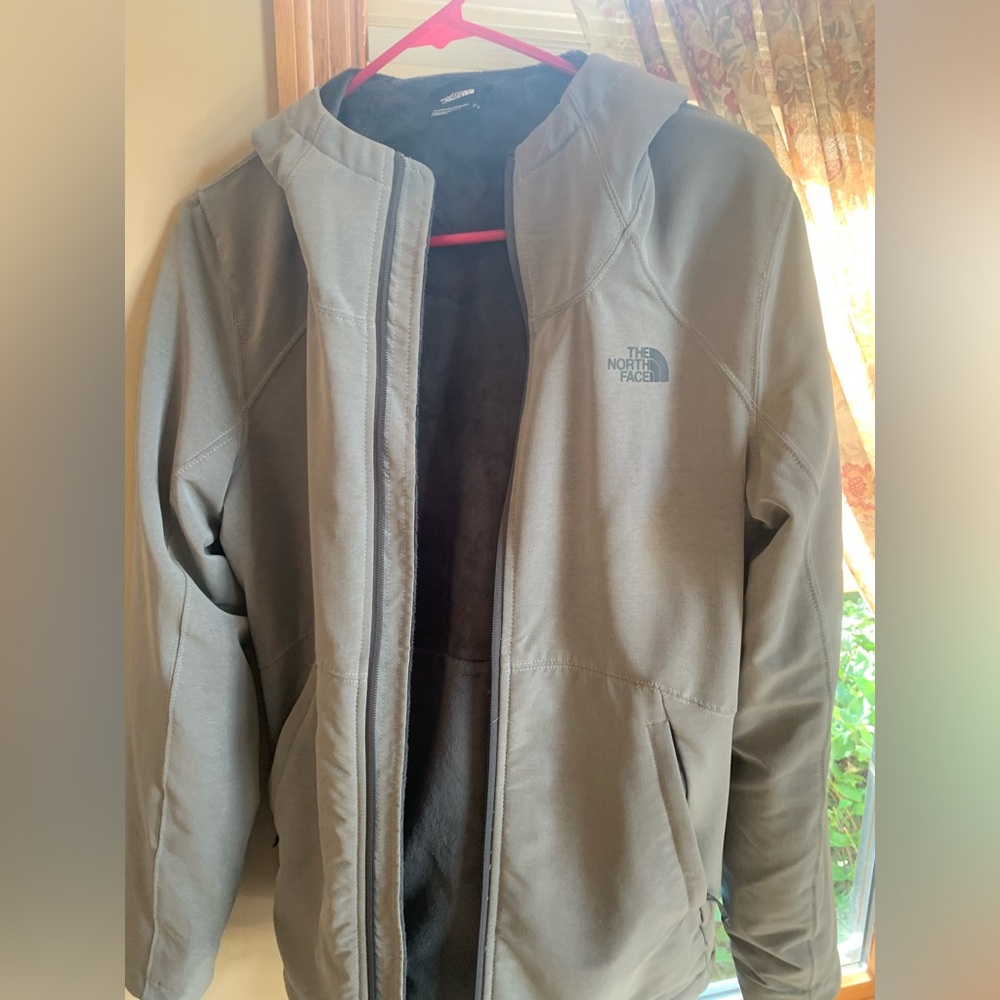 Northface Womens jacket with fuzzy inside, gray, medium, Worn once